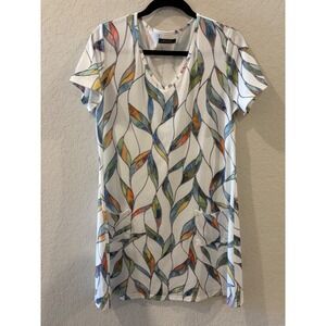 Ofeefan Womens Multicolor Leaf Print V-Neck T-Shirt Dress White Medium Pockets